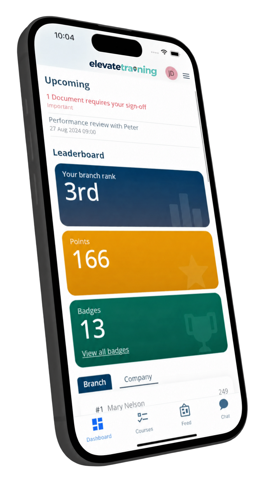 Elevate learner home screen on a phone showing an outstanding document sign-off, an upcoming review and a progress summary